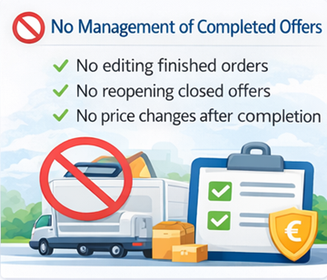 Illustration montrant que les chauffeurs ne peuvent pas modifier ni rouvrir des offres de transport finalisées sur la plateforme ExusTrans