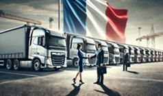 Camions de transport et drapeau français en arrière-plan